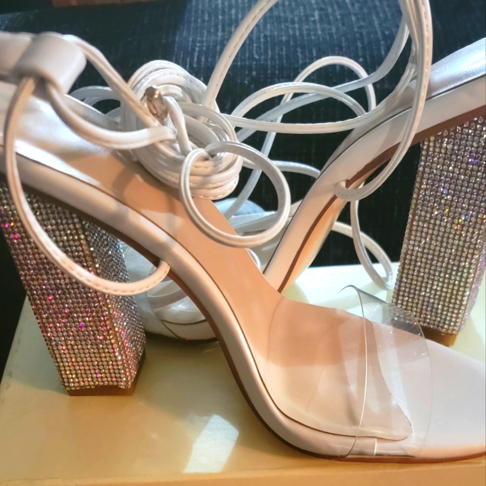 Rhinestone studded  white and clear heels